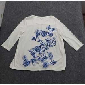 J Jill Top Women's Medium White Blue Floral Stretch 3/4 Sleeve Scoop Neck